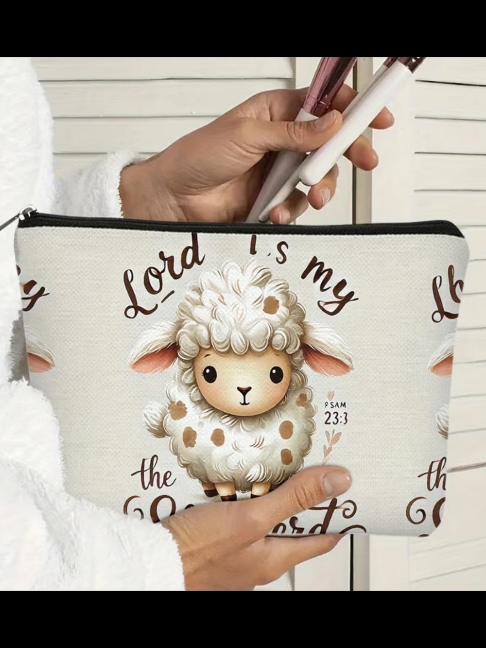 Cute Lamb Pouch with Scripture Print - Cream & Brown